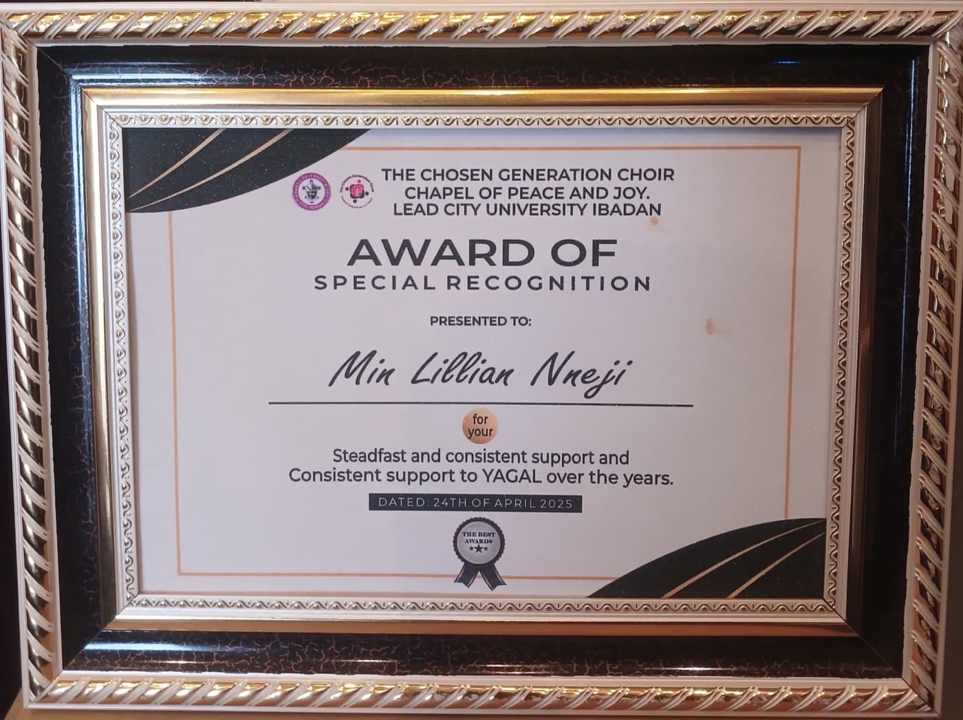 Framed Award of Special Recognition from The Chosen Generation Choir, Lead City University Ibadan